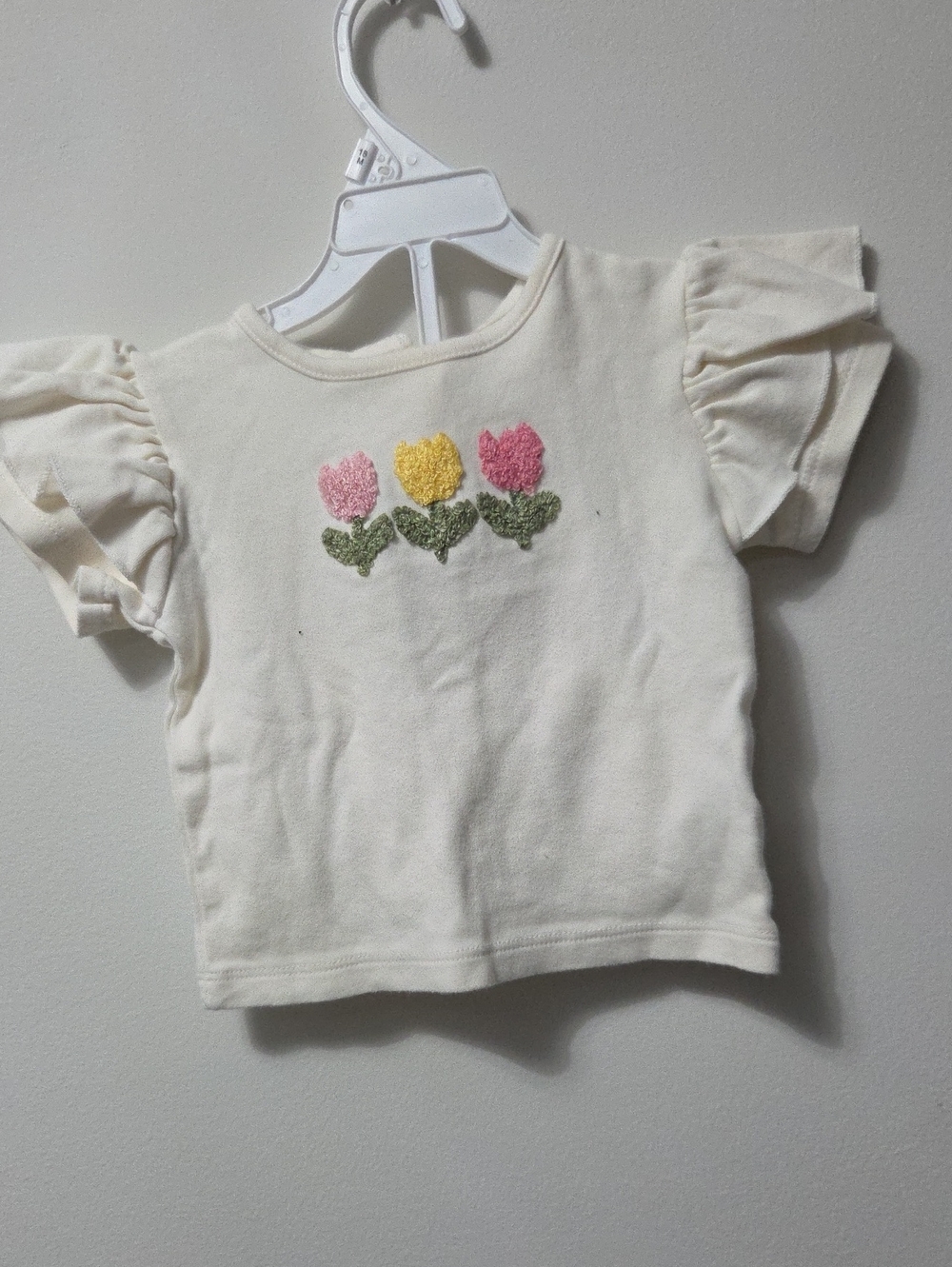 Cream Flutter Sleeve Kids Top with Pink & Yellow Floral Embroidery